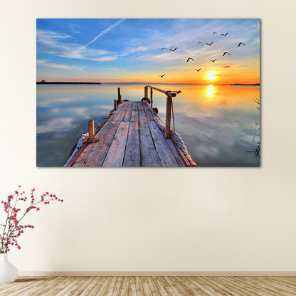 Sundown Bridge Seascape Canvas Textured Contemporary House Interior Wall Art Print Yellow Clearhalo 'Art Gallery' 'Canvas Art' 'Contemporary Art Gallery' 'Modern' Arts' 1655933