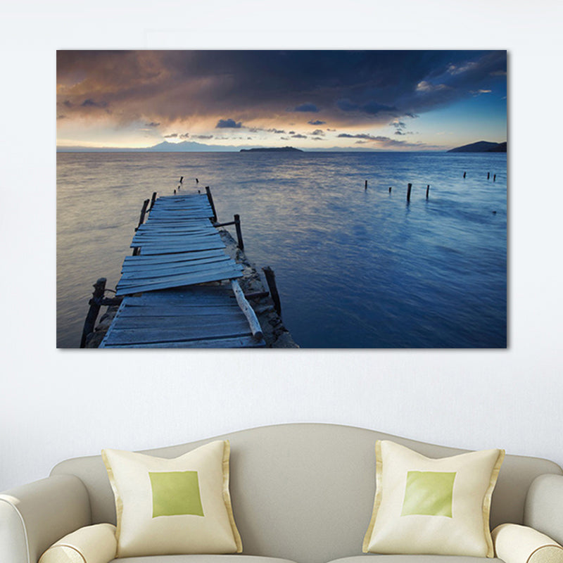 Sundown Bridge Seascape Canvas Textured Contemporary House Interior Wall Art Print Blue Clearhalo 'Art Gallery' 'Canvas Art' 'Contemporary Art Gallery' 'Modern' Arts' 1655941