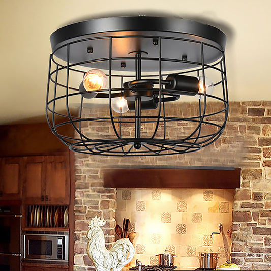 Wire Cage Metal Flush Mount Lighting Industrial 3 Lights Restaurant Flush Pendant Light in Black Finish Black Clearhalo 'Ceiling Lights' 'Close To Ceiling Lights' 'Close to ceiling' 'Semi-flushmount' Lighting' 165618