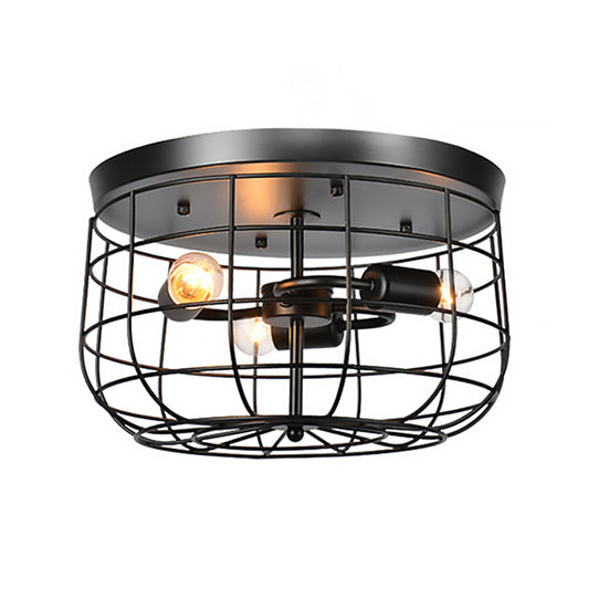 Wire Cage Metal Flush Mount Lighting Industrial 3 Lights Restaurant Flush Pendant Light in Black Finish Clearhalo 'Ceiling Lights' 'Close To Ceiling Lights' 'Close to ceiling' 'Semi-flushmount' Lighting' 165620