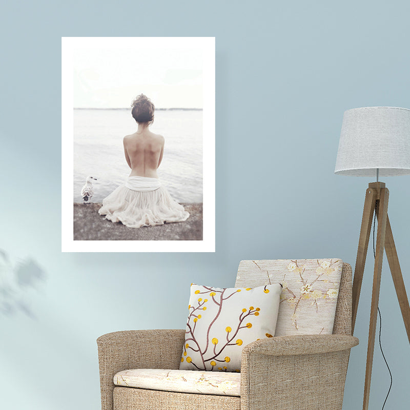 Canvas White Art Print Modern Morning River Scenery with Girls Back Wall Decor for Home Clearhalo 'Art Gallery' 'Canvas Art' 'Contemporary Art Gallery' 'Modern' Arts' 1656210