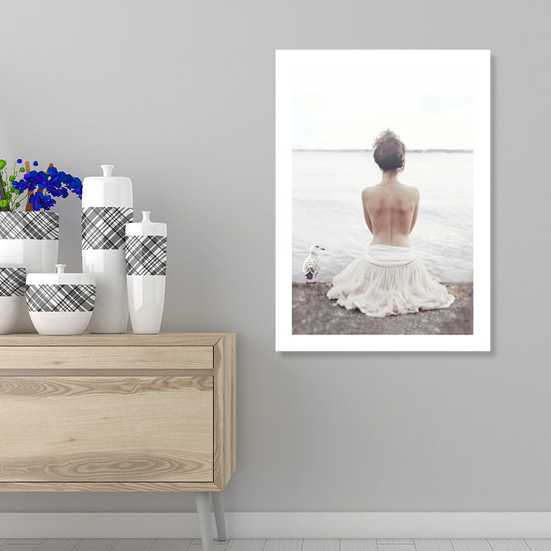 Canvas White Art Print Modern Morning River Scenery with Girls Back Wall Decor for Home Clearhalo 'Art Gallery' 'Canvas Art' 'Contemporary Art Gallery' 'Modern' Arts' 1656211