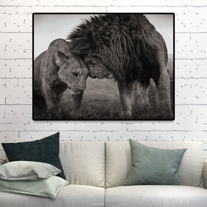 King of Savanna Lions Canvas Print Grey Modernist Wall Art Print for Sitting Room Clearhalo 'Art Gallery' 'Canvas Art' 'Contemporary Art Gallery' 'Modern' Arts' 1656217