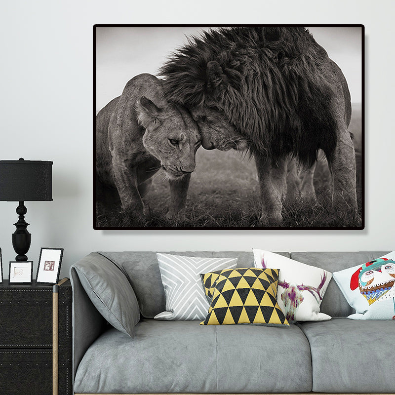 King of Savanna Lions Canvas Print Grey Modernist Wall Art Print for Sitting Room Clearhalo 'Art Gallery' 'Canvas Art' 'Contemporary Art Gallery' 'Modern' Arts' 1656218