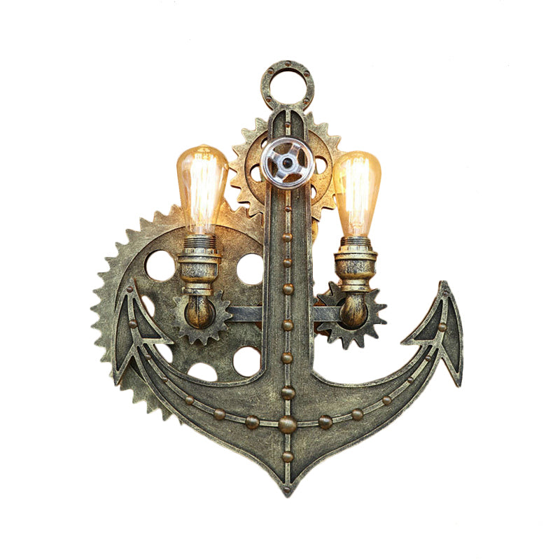 2 Bulbs Anchor Wall Mount Light with Gear Deco Antique Style Aged Brass/Rust Wrought Iron Sconce Lamp for Restaurant Clearhalo 'Art deco wall lights' 'Cast Iron' 'Glass' 'Industrial wall lights' 'Industrial' 'Middle century wall lights' 'Modern' 'Rustic wall lights' 'Tiffany' 'Traditional wall lights' 'Wall Lamps & Sconces' 'Wall Lights' Lighting' 165625