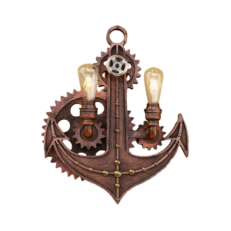 2 Bulbs Anchor Wall Mount Light with Gear Deco Antique Style Aged Brass/Rust Wrought Iron Sconce Lamp for Restaurant Clearhalo 'Art deco wall lights' 'Cast Iron' 'Glass' 'Industrial wall lights' 'Industrial' 'Middle century wall lights' 'Modern' 'Rustic wall lights' 'Tiffany' 'Traditional wall lights' 'Wall Lamps & Sconces' 'Wall Lights' Lighting' 165628