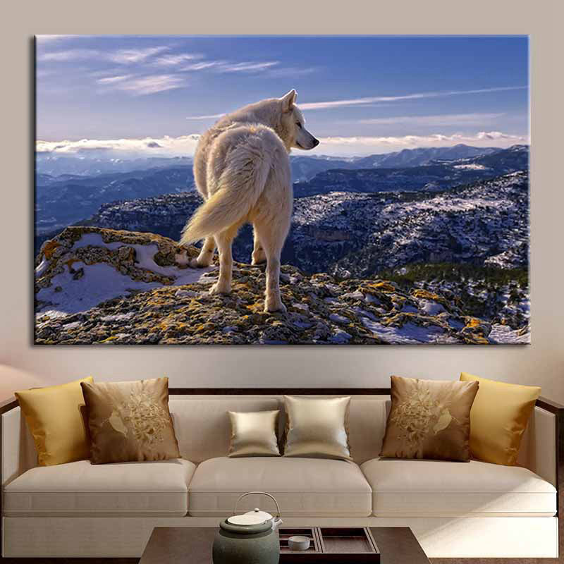 Modern Mountain Landscape Canvas in Blue Wild Wolf on the Cliff Wall Art for Room Blue Clearhalo 'Art Gallery' 'Canvas Art' 'Contemporary Art Gallery' 'Modern' Arts' 1656655