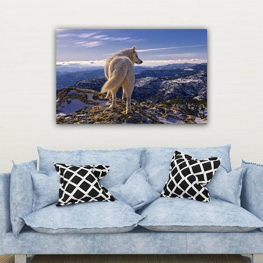 Modern Mountain Landscape Canvas in Blue Wild Wolf on the Cliff Wall Art for Room Clearhalo 'Art Gallery' 'Canvas Art' 'Contemporary Art Gallery' 'Modern' Arts' 1656656