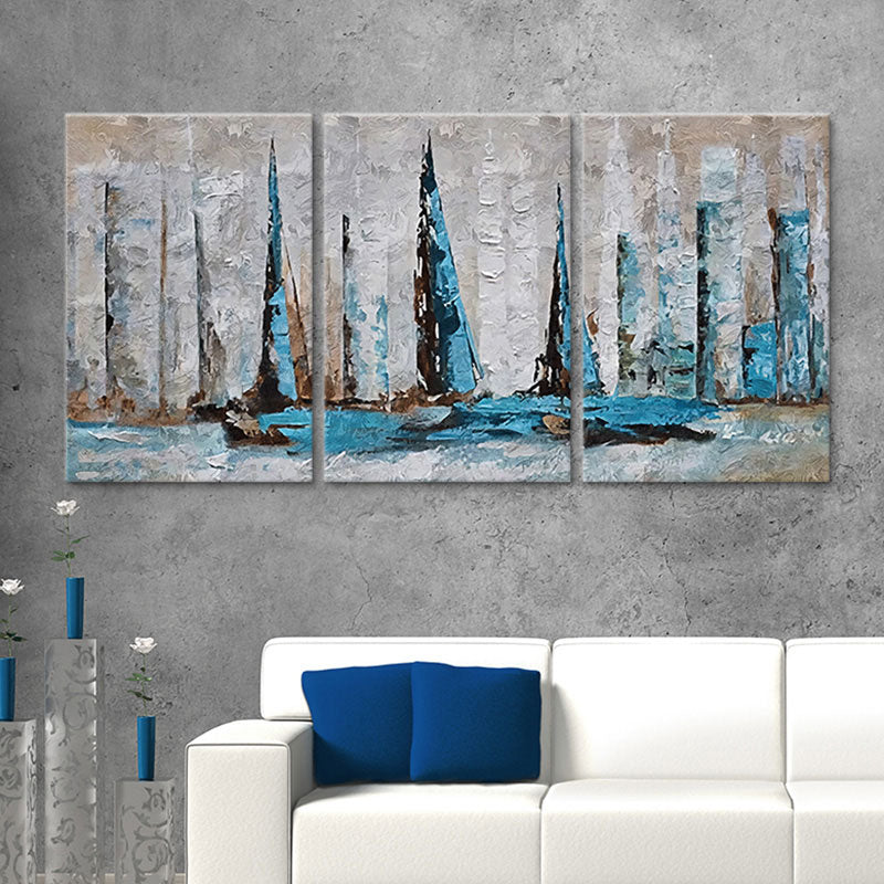 Sailing Vessels Painting Modern Enchanting Skyscrapers Wall Art in Blue for Room Blue Clearhalo 'Art Gallery' 'Canvas Art' 'Contemporary Art Gallery' 'Modern' Arts' 1656844