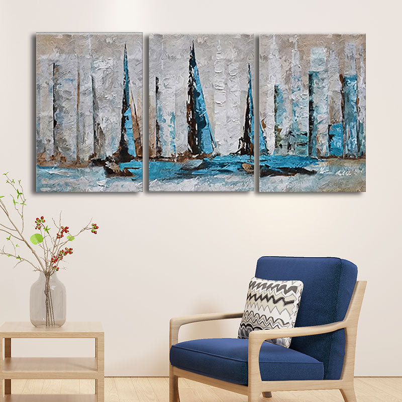 Sailing Vessels Painting Modern Enchanting Skyscrapers Wall Art in Blue for Room Clearhalo 'Art Gallery' 'Canvas Art' 'Contemporary Art Gallery' 'Modern' Arts' 1656845