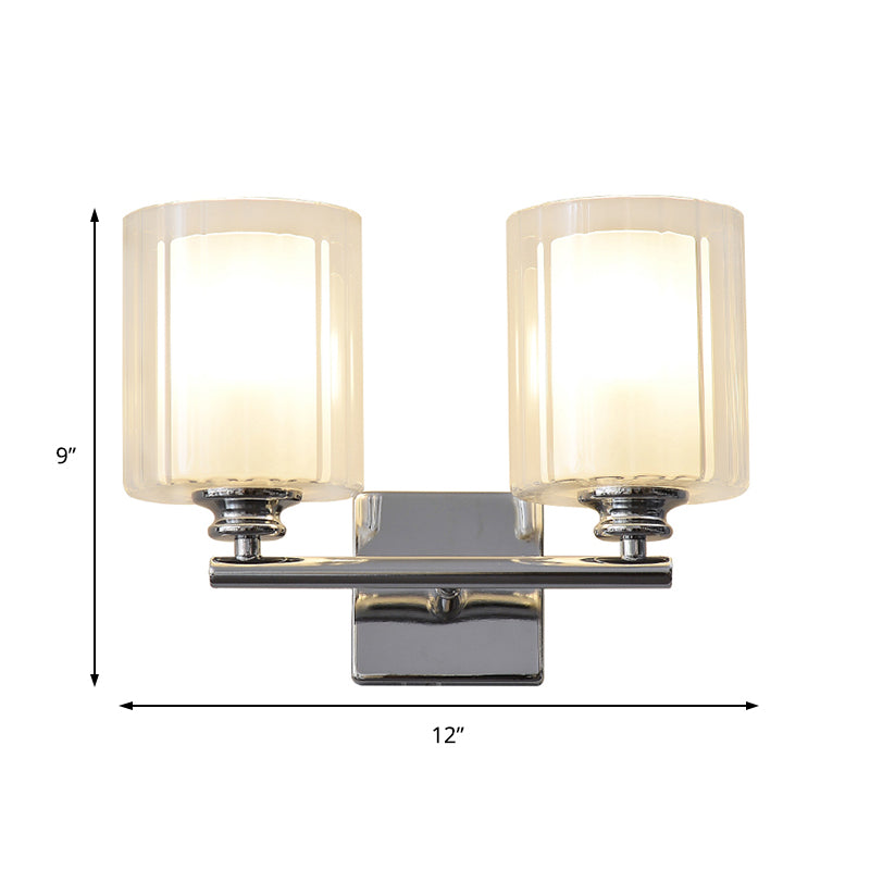 2 Bulbs Wall Light with Cylinder Shade Clear Glass Modern Living Room Sconce Lighting Fixture in White Clearhalo 'Cast Iron' 'Glass' 'Industrial' 'Modern wall lights' 'Modern' 'Tiffany' 'Traditional wall lights' 'Wall Lamps & Sconces' 'Wall Lights' Lighting' 165686