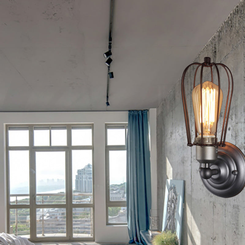 Metal Bulb Shaped Wall Mount Light with Cage Shade Industrial Vintage 1/2-Light Restaurant Wall Sconce in Black/Nickel 1.0 Nickel Clearhalo 'Art deco wall lights' 'Cast Iron' 'Glass' 'Industrial wall lights' 'Industrial' 'Middle century wall lights' 'Modern' 'Rustic wall lights' 'Tiffany' 'Traditional wall lights' 'Wall Lamps & Sconces' 'Wall Lights' Lighting' 165739