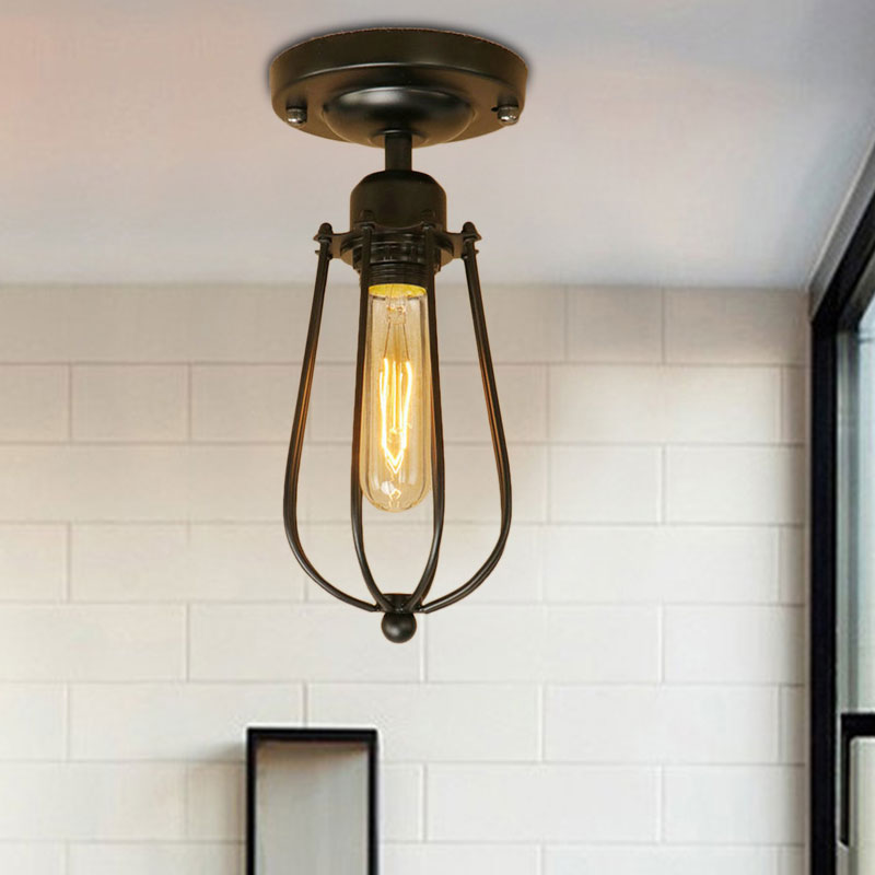 1 Light Mini Cage Semi Flush Light Fixture with Bulb Shaped Industrial Loft Black Metallic Close to Ceiling Light Clearhalo 'Ceiling Lights' 'Close To Ceiling Lights' 'Close to ceiling' 'Semi-flushmount' Lighting' 165768