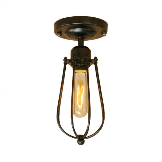 1 Light Mini Cage Semi Flush Light Fixture with Bulb Shaped Industrial Loft Black Metallic Close to Ceiling Light Clearhalo 'Ceiling Lights' 'Close To Ceiling Lights' 'Close to ceiling' 'Semi-flushmount' Lighting' 165769