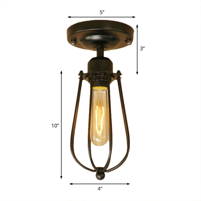 1 Light Mini Cage Semi Flush Light Fixture with Bulb Shaped Industrial Loft Black Metallic Close to Ceiling Light Clearhalo 'Ceiling Lights' 'Close To Ceiling Lights' 'Close to ceiling' 'Semi-flushmount' Lighting' 165770