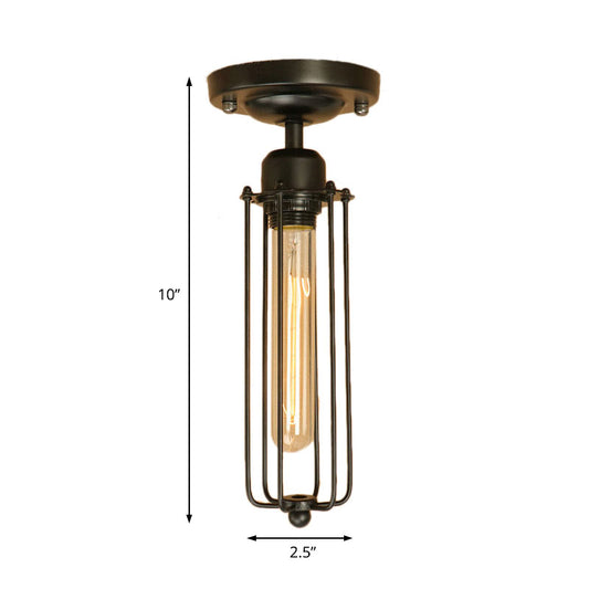 1 Bulb Linear Cage Semi Flush Light Vintage Industrial Black Finish Iron Ceiling Light Fixture for Hallway Clearhalo 'Ceiling Lights' 'Close To Ceiling Lights' 'Close to ceiling' 'Semi-flushmount' Lighting' 165774