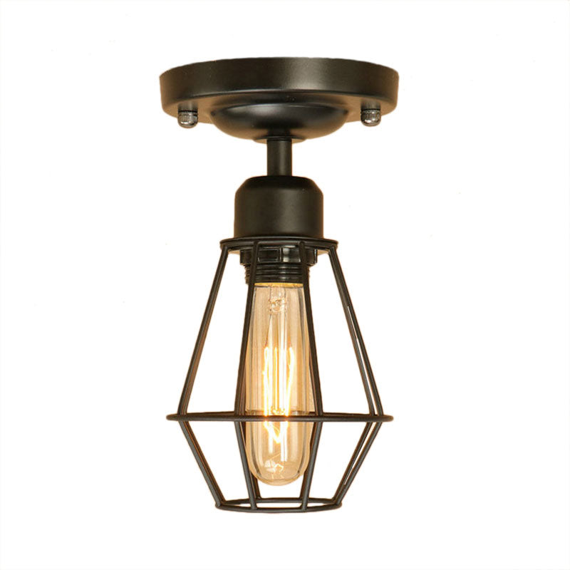 Black Open Caged Semi Flush Light Industrial Style Iron 1 Light Living Room Ceiling Mounted Light Clearhalo 'Ceiling Lights' 'Close To Ceiling Lights' 'Close to ceiling' 'Semi-flushmount' Lighting' 165803