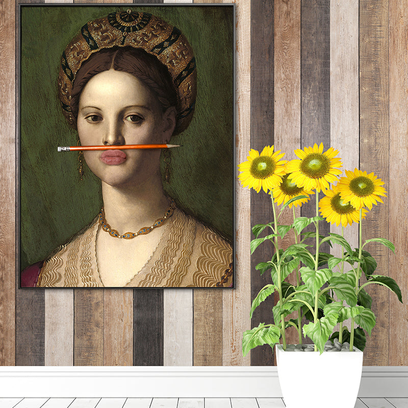 Funny Spoof Woman Portrait Art Print for Girls Room, Dark Color, Textured Surface Green Clearhalo 'Arts' 'Canvas Art' 1658080