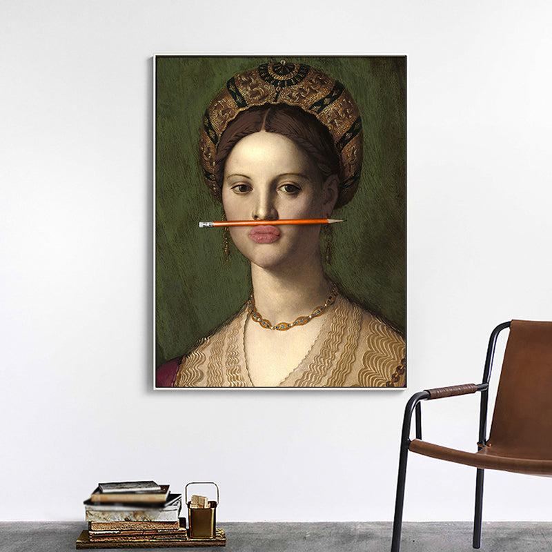 Funny Spoof Woman Portrait Art Print for Girls Room, Dark Color, Textured Surface Clearhalo 'Arts' 'Canvas Art' 1658081