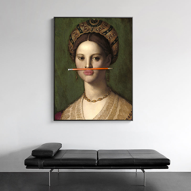 Funny Spoof Woman Portrait Art Print for Girls Room, Dark Color, Textured Surface Clearhalo 'Arts' 'Canvas Art' 1658082