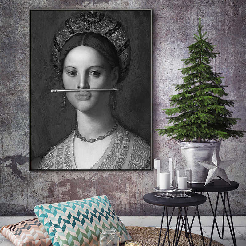 Funny Spoof Woman Portrait Art Print for Girls Room, Dark Color, Textured Surface Black Clearhalo 'Arts' 'Canvas Art' 1658088