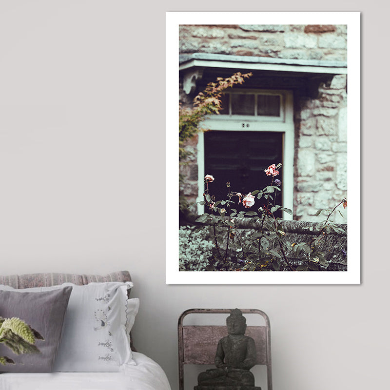 Green Rustic Art Print Photo Flower Blossom in Front of Stone House Wall Decor for Room Green Clearhalo 'Art Gallery' 'Canvas Art' 'Contemporary Art Gallery' 'Modern' Arts' 1658228