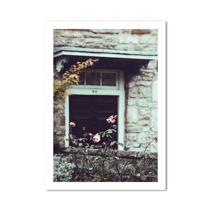 Green Rustic Art Print Photo Flower Blossom in Front of Stone House Wall Decor for Room Clearhalo 'Art Gallery' 'Canvas Art' 'Contemporary Art Gallery' 'Modern' Arts' 1658231