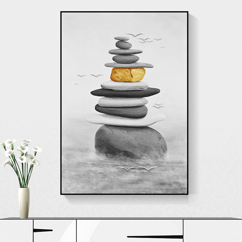 Stacked Cobblestones Canvas Print Asian Style Textured Wall Art in Grey and Yellow Grey Clearhalo 'Arts' 'Canvas Art' 1658328