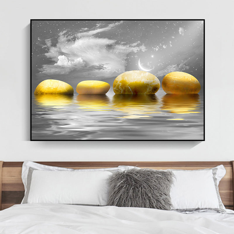 Big Pebbles Wall Art Print Glam Magical Night Seascape Canvas in Gold for Bedroom Gold Clearhalo 'Arts' 'Canvas Art' 1658336