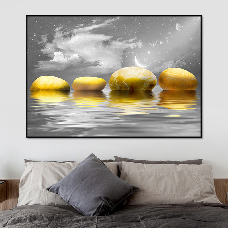 Big Pebbles Wall Art Print Glam Magical Night Seascape Canvas in Gold for Bedroom Clearhalo 'Arts' 'Canvas Art' 1658338