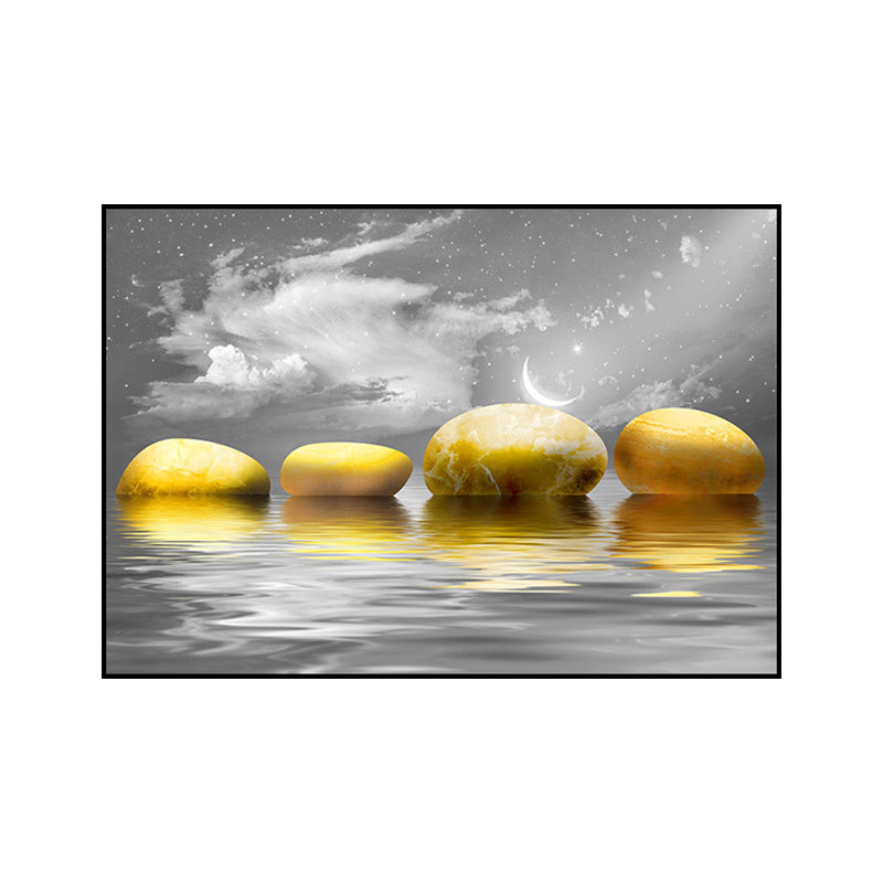 Big Pebbles Wall Art Print Glam Magical Night Seascape Canvas in Gold for Bedroom Clearhalo 'Arts' 'Canvas Art' 1658339