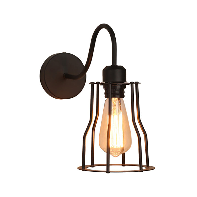 Caged Farmhouse Wall Sconce Light with Gooseneck Arm Vintage Style Iron 1 Light Black Wall Mount Light Clearhalo 'Art deco wall lights' 'Cast Iron' 'Glass' 'Industrial wall lights' 'Industrial' 'Middle century wall lights' 'Modern' 'Rustic wall lights' 'Tiffany' 'Traditional wall lights' 'Wall Lamps & Sconces' 'Wall Lights' Lighting' 165842
