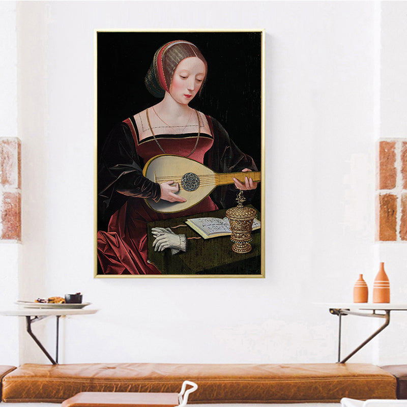 Red Woman Playing Lute Painting Musical Vintage Textured Canvas Art for Living Room Red Clearhalo 'Arts' 'Canvas Art' 1658555