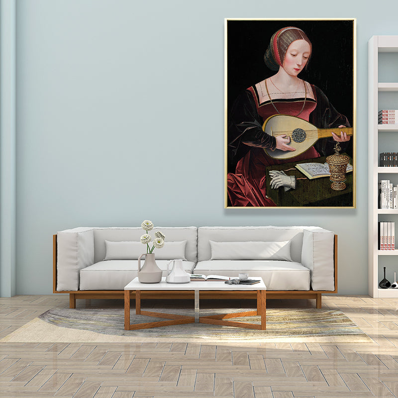 Red Woman Playing Lute Painting Musical Vintage Textured Canvas Art for Living Room Clearhalo 'Arts' 'Canvas Art' 1658557