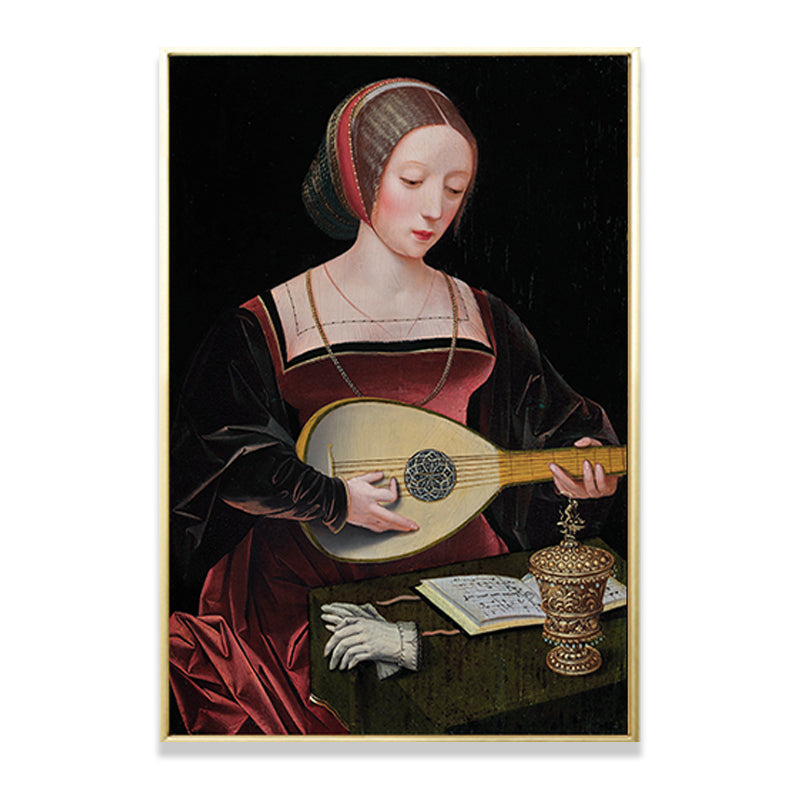 Red Woman Playing Lute Painting Musical Vintage Textured Canvas Art for Living Room Clearhalo 'Arts' 'Canvas Art' 1658558