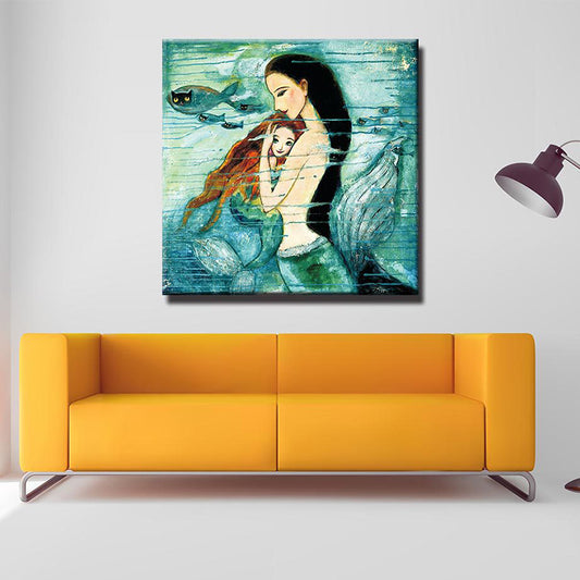 Fantasy Wall Art Kids Style Myth Mermaid Drawing Canvas Print in Green for Home Clearhalo 'Art Gallery' 'Canvas Art' 'Kids' Arts' 1658782