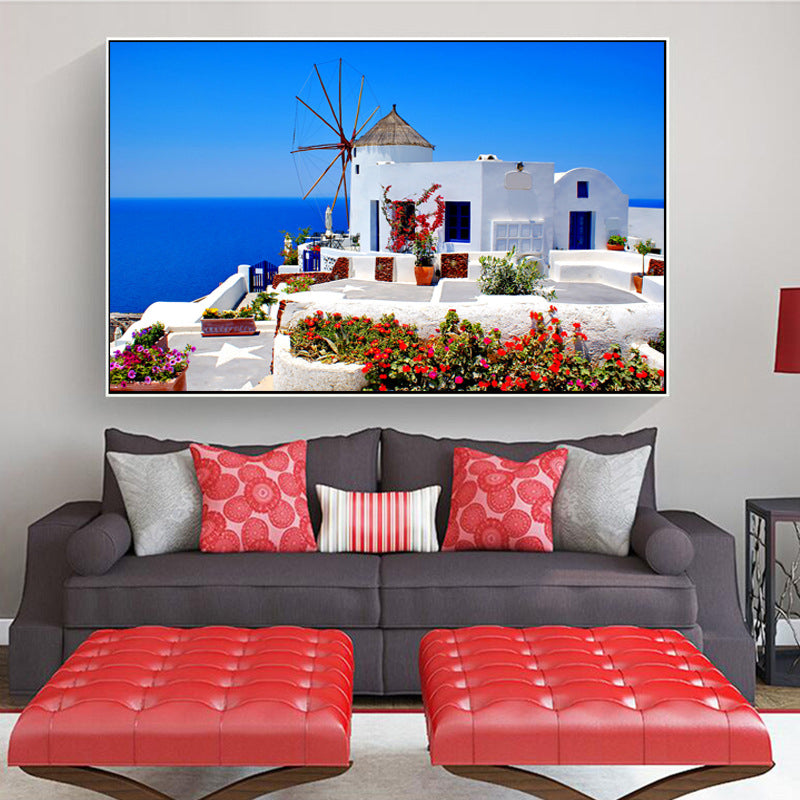 Aegean Sea Houses Wall Art Modern Style Textured Sitting Room Canvas Print in Blue Blue Clearhalo 'Art Gallery' 'Canvas Art' 'Contemporary Art Gallery' 'Modern' Arts' 1658813