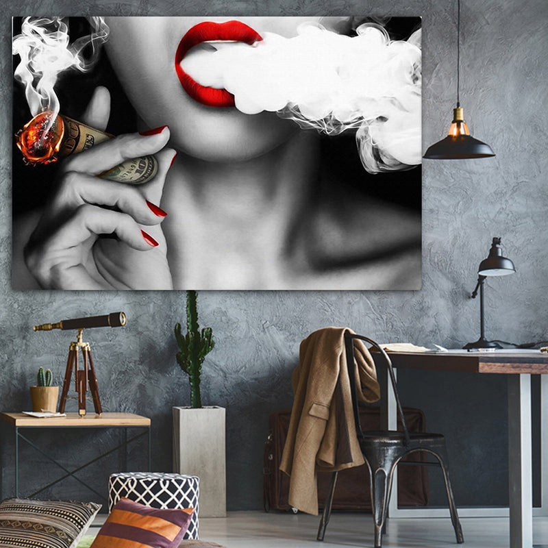 Photography Woman Smoking Canvas Wall Art for Girls Bedroom, Red and Grey, Textured Red Clearhalo 'Arts' 'Canvas Art' 1658849