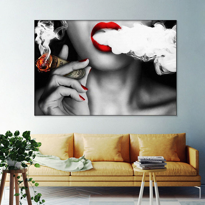 Photography Woman Smoking Canvas Wall Art for Girls Bedroom, Red and Grey, Textured Clearhalo 'Arts' 'Canvas Art' 1658850