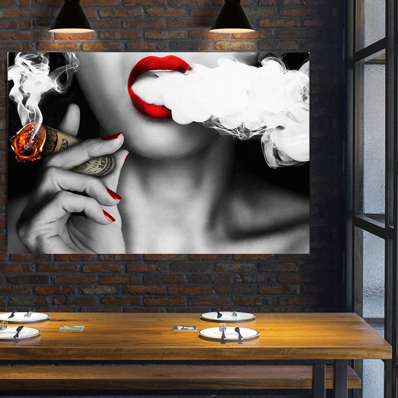 Photography Woman Smoking Canvas Wall Art for Girls Bedroom, Red and Grey, Textured Clearhalo 'Arts' 'Canvas Art' 1658851