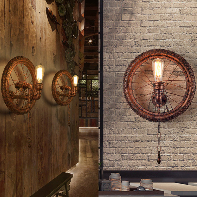 1 Light Wall Lighting Rustic Industrial Wheel Design Metal Sconce Lamp in Dark Rust for Restaurant Rust Clearhalo 'Art deco wall lights' 'Cast Iron' 'Glass' 'Industrial wall lights' 'Industrial' 'Middle century wall lights' 'Modern' 'Rustic wall lights' 'Tiffany' 'Traditional wall lights' 'Wall Lamps & Sconces' 'Wall Lights' Lighting' 165909