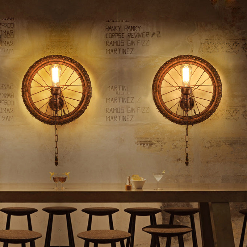 1 Light Wall Lighting Rustic Industrial Wheel Design Metal Sconce Lamp in Dark Rust for Restaurant Clearhalo 'Art deco wall lights' 'Cast Iron' 'Glass' 'Industrial wall lights' 'Industrial' 'Middle century wall lights' 'Modern' 'Rustic wall lights' 'Tiffany' 'Traditional wall lights' 'Wall Lamps & Sconces' 'Wall Lights' Lighting' 165910