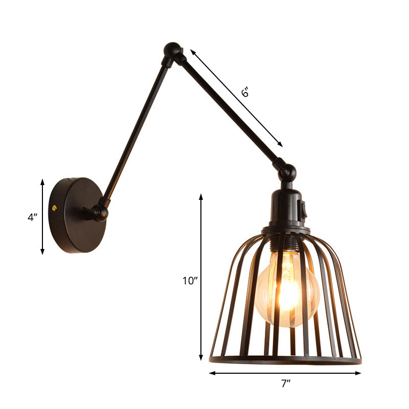 Swing Arm Metallic Wall Mount Light with Wire Cage Industrial 1 Light Bedroom Wall Lamp in Black Clearhalo 'Art deco wall lights' 'Cast Iron' 'Glass' 'Industrial wall lights' 'Industrial' 'Middle century wall lights' 'Modern' 'Rustic wall lights' 'Tiffany' 'Traditional wall lights' 'Wall Lamps & Sconces' 'Wall Lights' Lighting' 165929