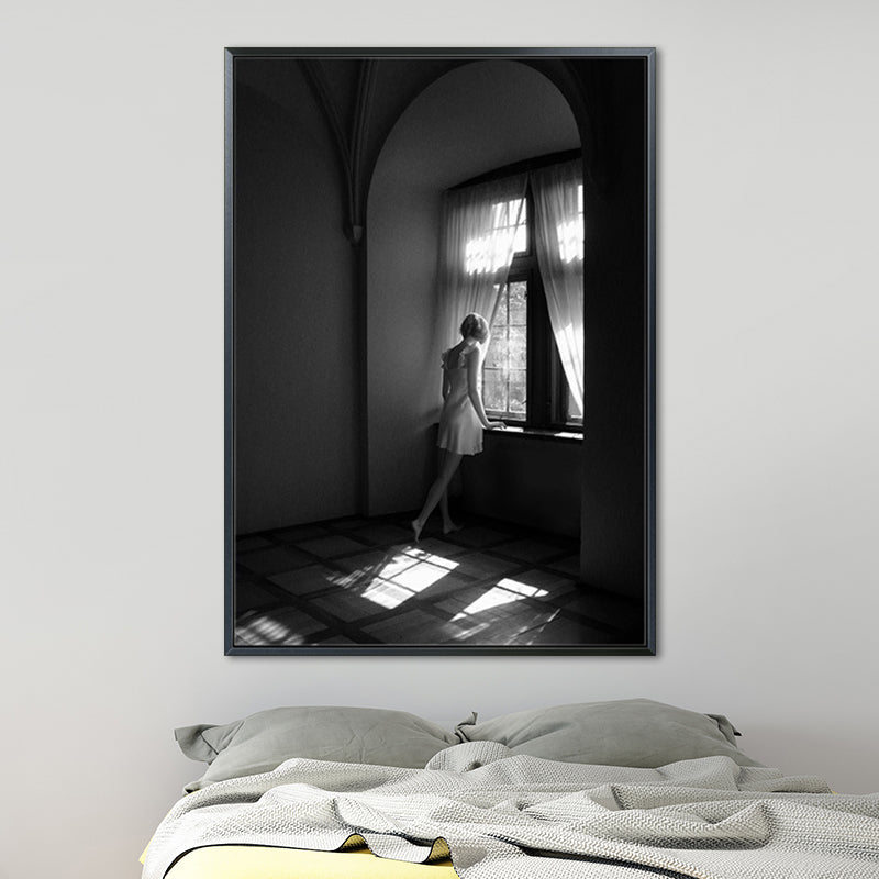 Photographs Contemporary Canvas Wall Art Girl Standing by Window in Black for Drawing Room Black Clearhalo 'Art Gallery' 'Canvas Art' 'Contemporary Art Gallery' 'Modern' Arts' 1659427