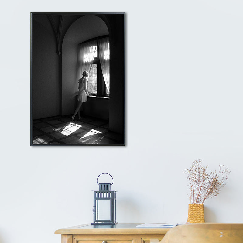 Photographs Contemporary Canvas Wall Art Girl Standing by Window in Black for Drawing Room Clearhalo 'Art Gallery' 'Canvas Art' 'Contemporary Art Gallery' 'Modern' Arts' 1659428