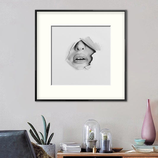 Mouth and Nose Wall Art Decorative Modernism for Bedroom Square Canvas Print in Grey Clearhalo 'Art Gallery' 'Canvas Art' 'Contemporary Art Gallery' 'Modern' Arts' 1659490