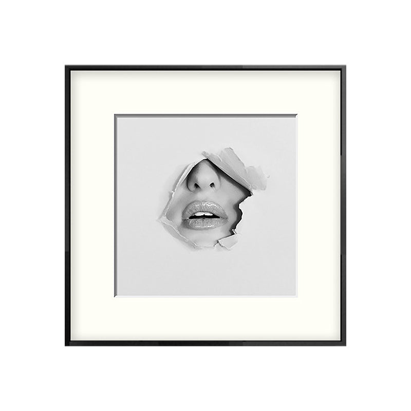 Mouth and Nose Wall Art Decorative Modernism for Bedroom Square Canvas Print in Grey Clearhalo 'Art Gallery' 'Canvas Art' 'Contemporary Art Gallery' 'Modern' Arts' 1659491