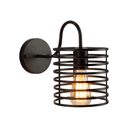 Metal Cylinder Caged Wall Lamp with Gooseneck Arm Retro 1 Head Corridor Wall Sconce Light in Black, 8.5"/9.5" Width Clearhalo 'Wall Lamps & Sconces' 'Wall Lights' Lighting' 165956