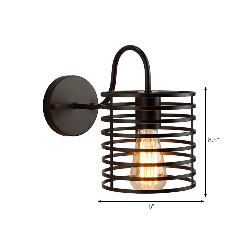 Metal Cylinder Caged Wall Lamp with Gooseneck Arm Retro 1 Head Corridor Wall Sconce Light in Black, 8.5"/9.5" Width Clearhalo 'Wall Lamps & Sconces' 'Wall Lights' Lighting' 165957