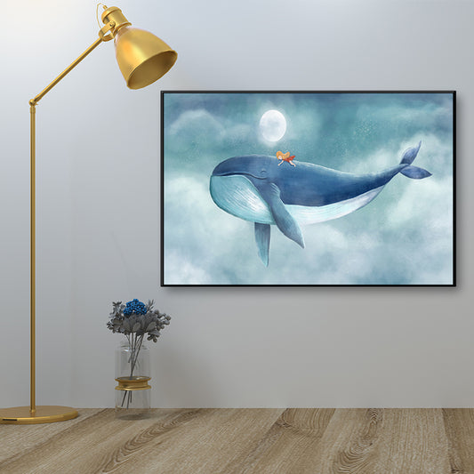 Cartoon Children Wall Art Moon and People on the Whale Pastel Color Canvas Print Clearhalo 'Art Gallery' 'Canvas Art' 'Kids' Arts' 1659707